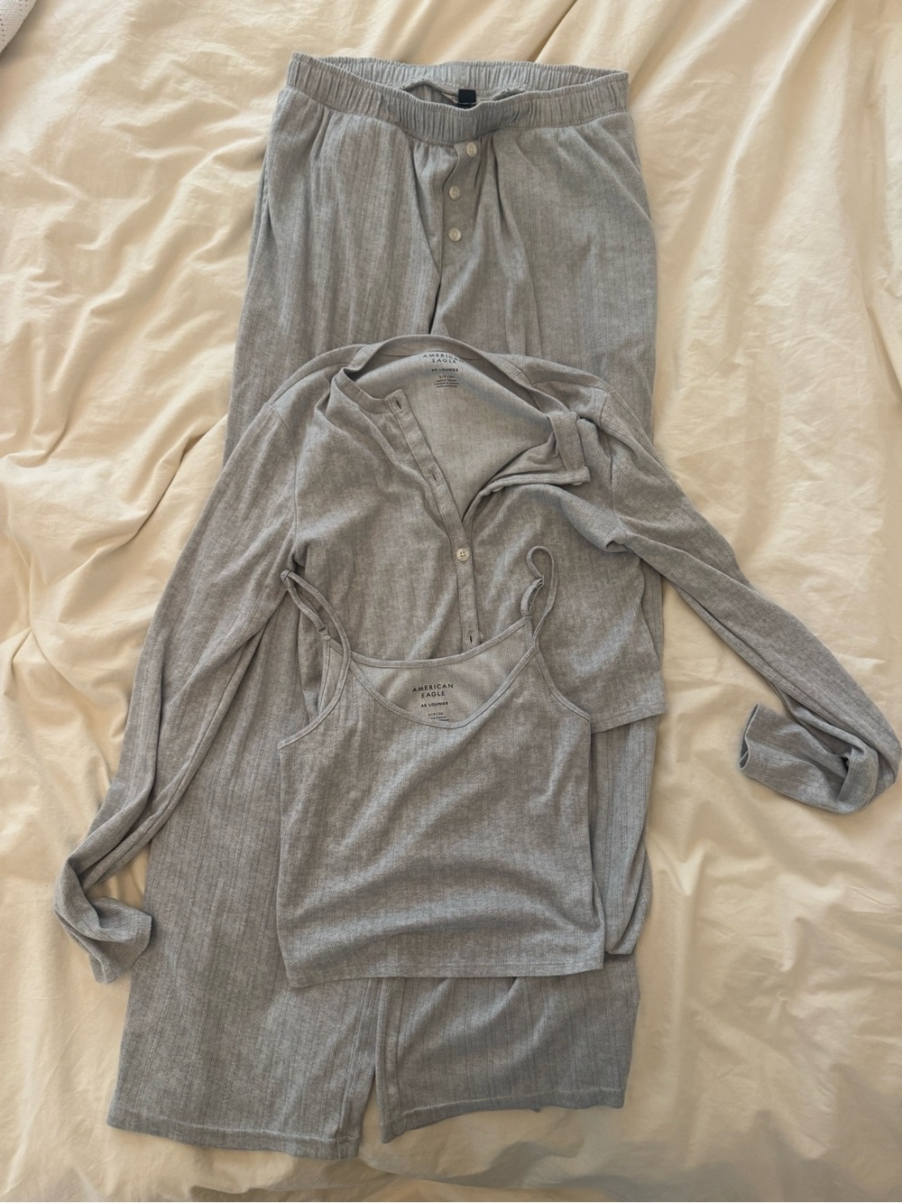American Eagle Outfitters Grey Ribbed 3-Piece Loungewear Set